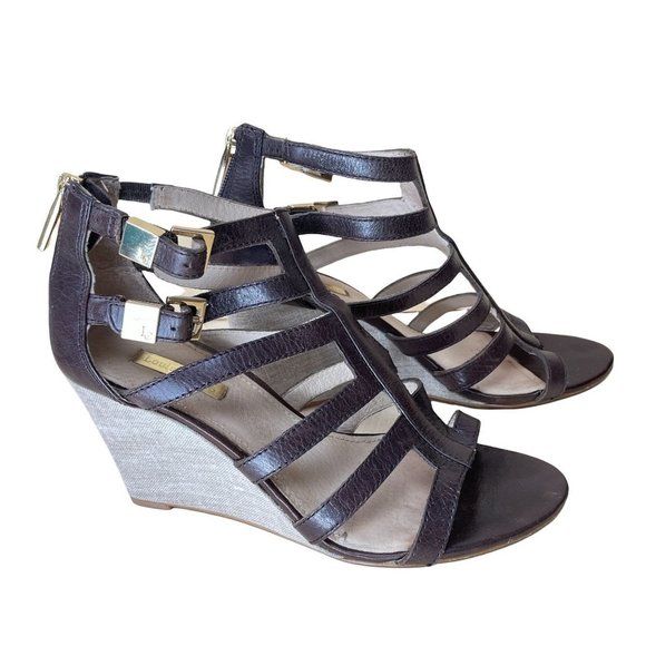 LOUISE ET CIE OPIO Sz 38/8 Brown Leather Tweed Wedges Multi-strap Sandals - Picture 1 of 12
